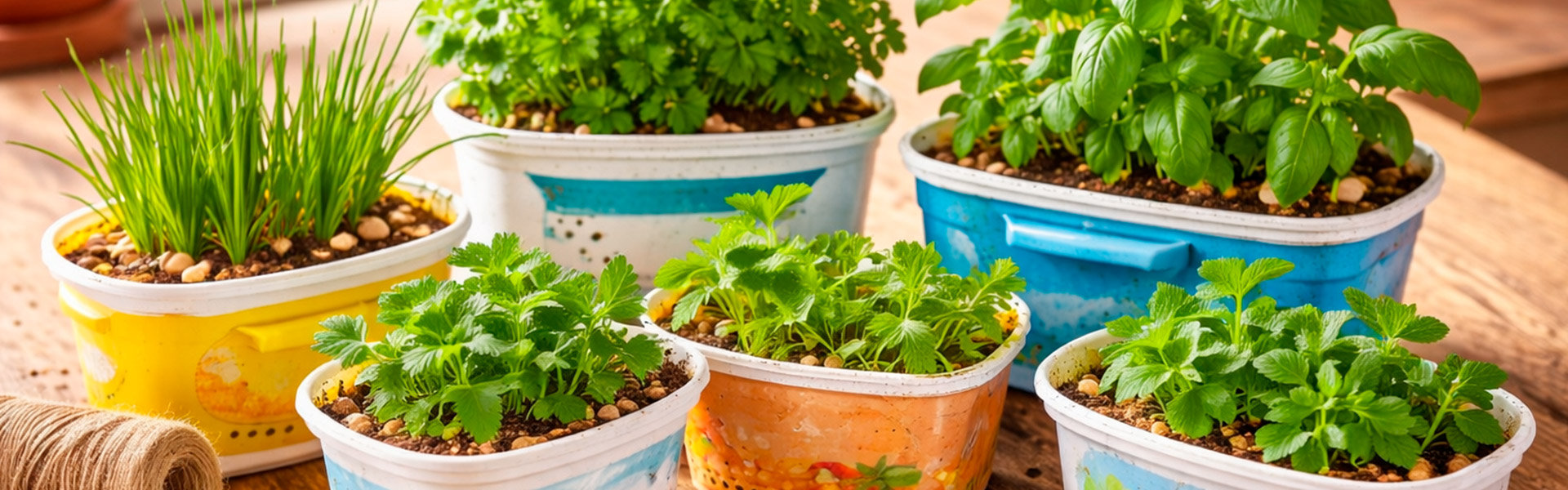 mini hortas com potes plásticos