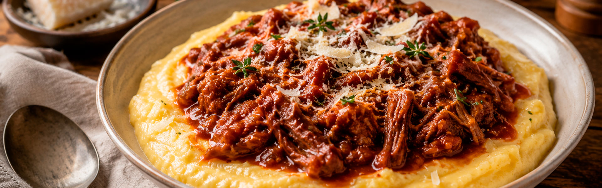 Polenta cremosa com ragu de carne
